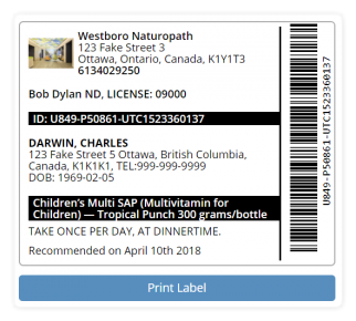 Shows a sample product label generated by the product dashboard card.  What a product label generated from OutSmart EMR looks like.